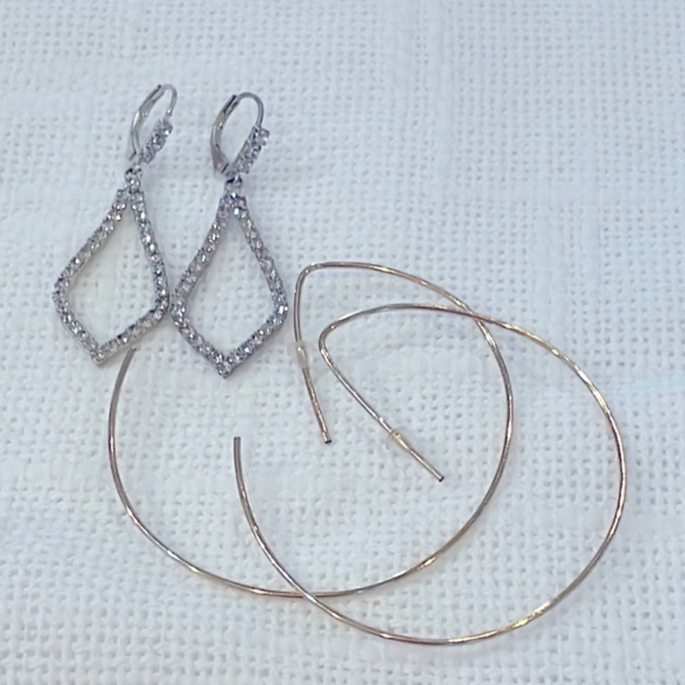 💐5/25 large round thin gold tone hoops diamond shaped dangle drop lever back